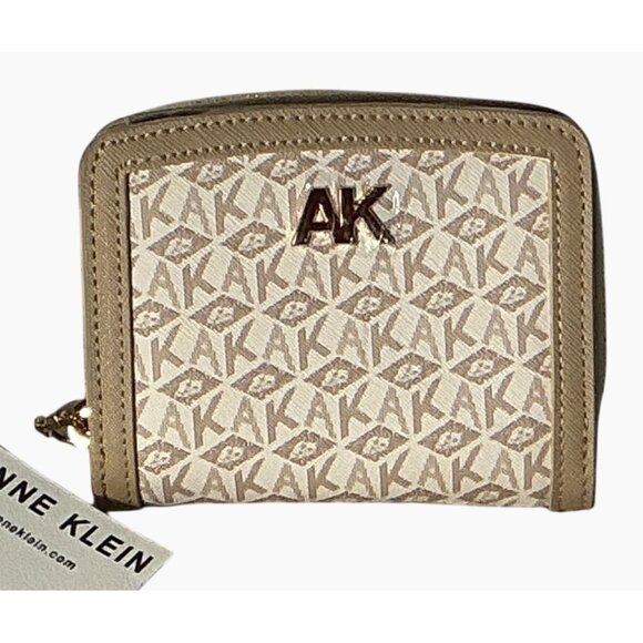 Anne Klein Small Zip Wallet Beige & Gold Monogram Faux Leather Compact Design - Picture 1 of 13